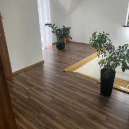 Pokój na poddaszu z brązową podłogą imitującą drewno, świeżo pomalowane białe ściany, drewniane listwy przypodłogowe i dwie duże rośliny doniczkowe.