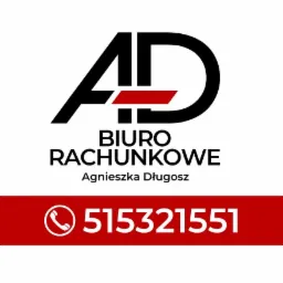 Logo biura rachunkowego z inicjałami AD, numerem telefonu na czerwonym tle i imieniem Agnieszka Długosz.