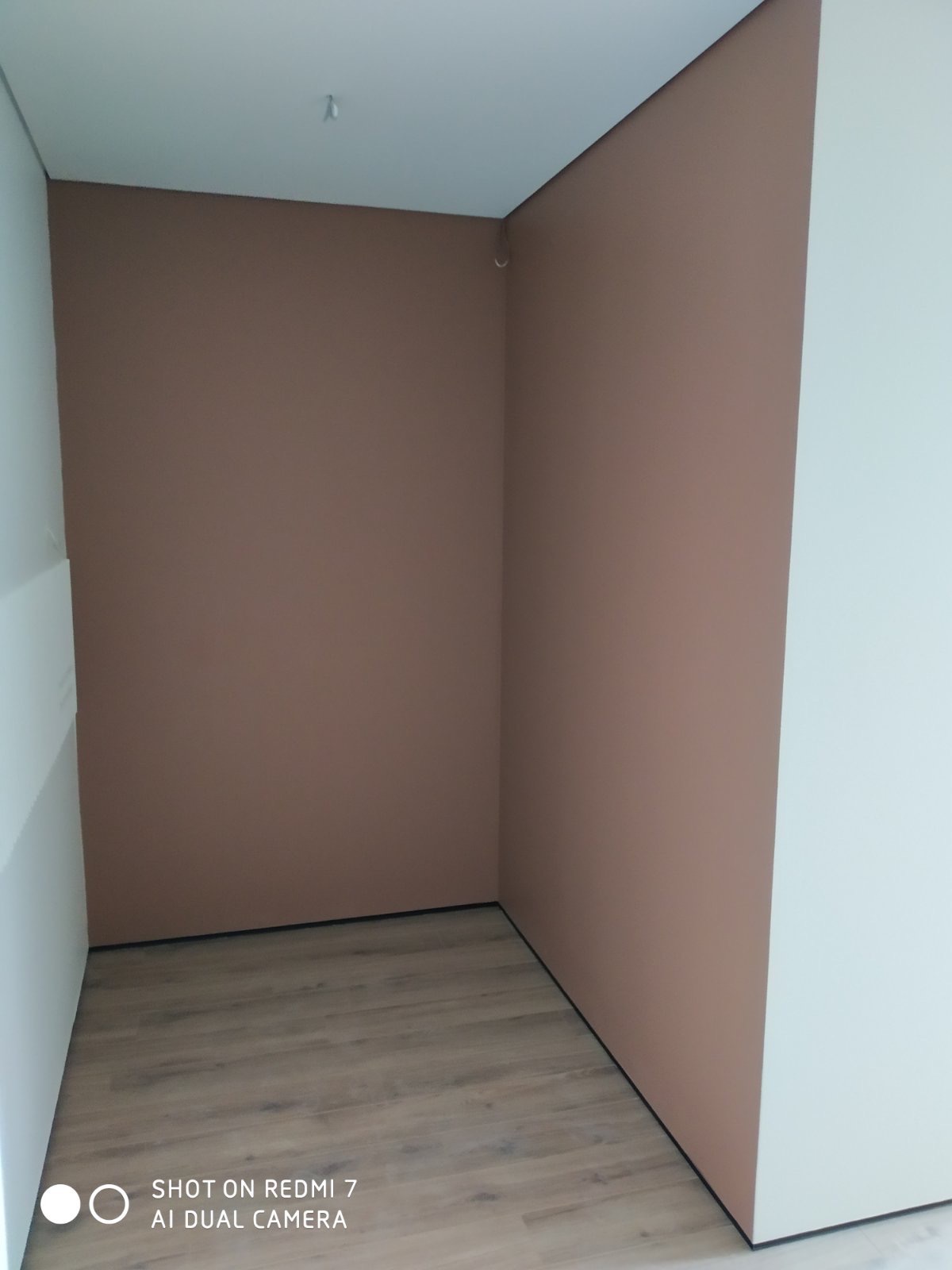 Pomalowane na brązowo ściany w pustym pokoju z panelami podłogowymi, widoczny fragment białej ściany i sufitu.