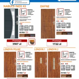Katalog drzwi zewnętrznych i wewnętrznych firmy Artdoors z Kraśnika, prezentujący modele Nabucco Inox 43, Dafne, Londyn Pełne, Londyn 1 i Londyn 2 wraz ze specyfikacją techniczną, dostępnymi...