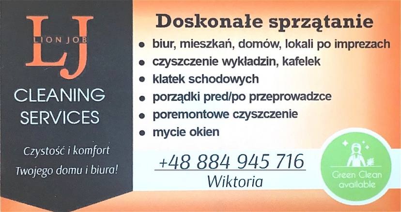 Wizytówka firmy sprzątającej Lion Job Cleaning Services z ofertą sprzątania biur, mieszkań, domów, lokali po imprezach, czyszczenia wykładzin, kafelek, klatek schodowych, porządków przed/po...