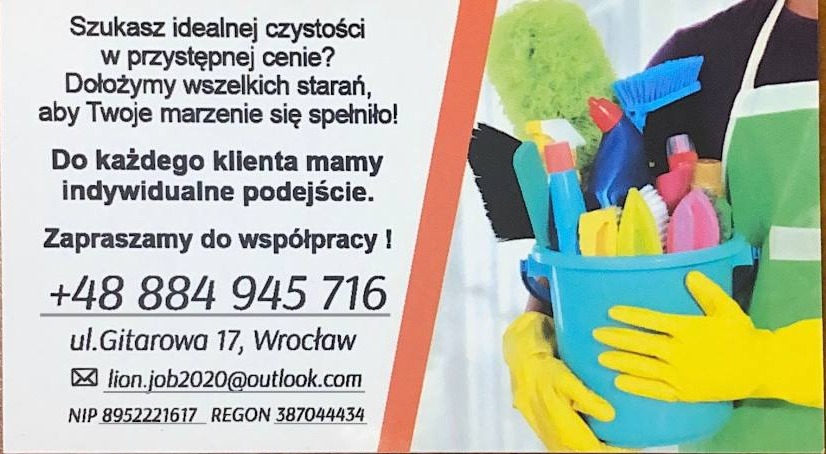 Wizytówka firmy oferującej usługi porządkowe z hasłem reklamowym, numerem telefonu i adresem e-mail, obok osoba w fartuchu trzymająca wiadro ze środkami czystości i akcesoriami.