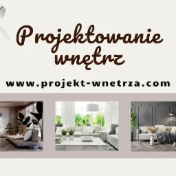 Grafika reklamowa z napisem 'Projektowanie wnętrz' i adresem strony internetowej, prezentująca trzy różne aranżacje salonów w odcieniach beżu, bieli i szarości.