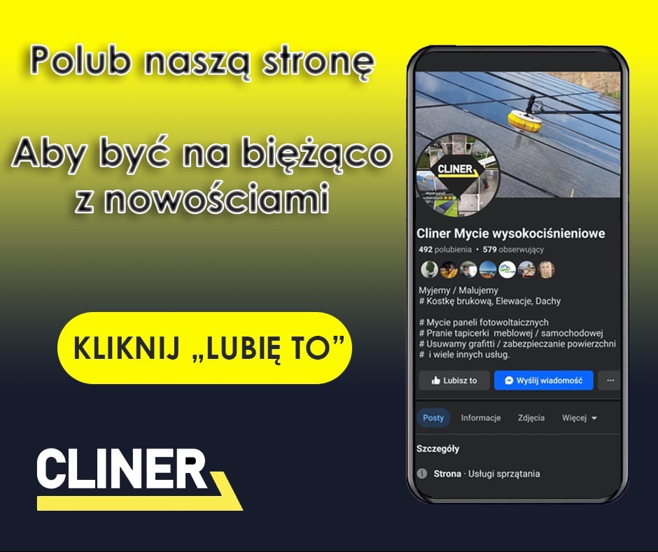 Promocja strony firmy sprzątającej Cliner na Facebooku, widoczny smartfon z profilem firmy prezentującym mycie paneli fotowoltaicznych żółtą szczotką obrotową.