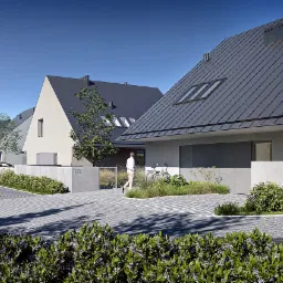 Wizualizacja szeregu nowoczesnych domów jednorodzinnych z ciemnymi dachami, jasnymi elewacjami, betonowymi ogrodzeniami i brukowaną drogą dojazdową, z osobą idącą w kierunku jednego z domów...