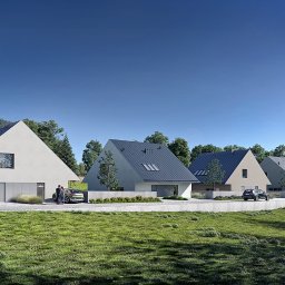 Kolorarchitektura - Wizualizacja osiedla domów jednorodzinnych z nowoczesną architekturą, z zielonym trawnikiem na pierwszym planie i parą osób stojących obok zaparkowanego samochodu.