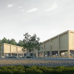 Wizualizacja budynku usługowego z jasnego drewna z dużymi oknami, otoczonego zielenią i drzewami, z widocznym fragmentem parkingu i przechodzącymi osobami.