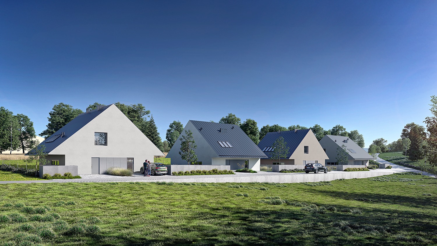 Wizualizacja osiedla domów jednorodzinnych z nowoczesną architekturą, z zielonym trawnikiem na pierwszym planie i parą osób stojących obok zaparkowanego samochodu.
