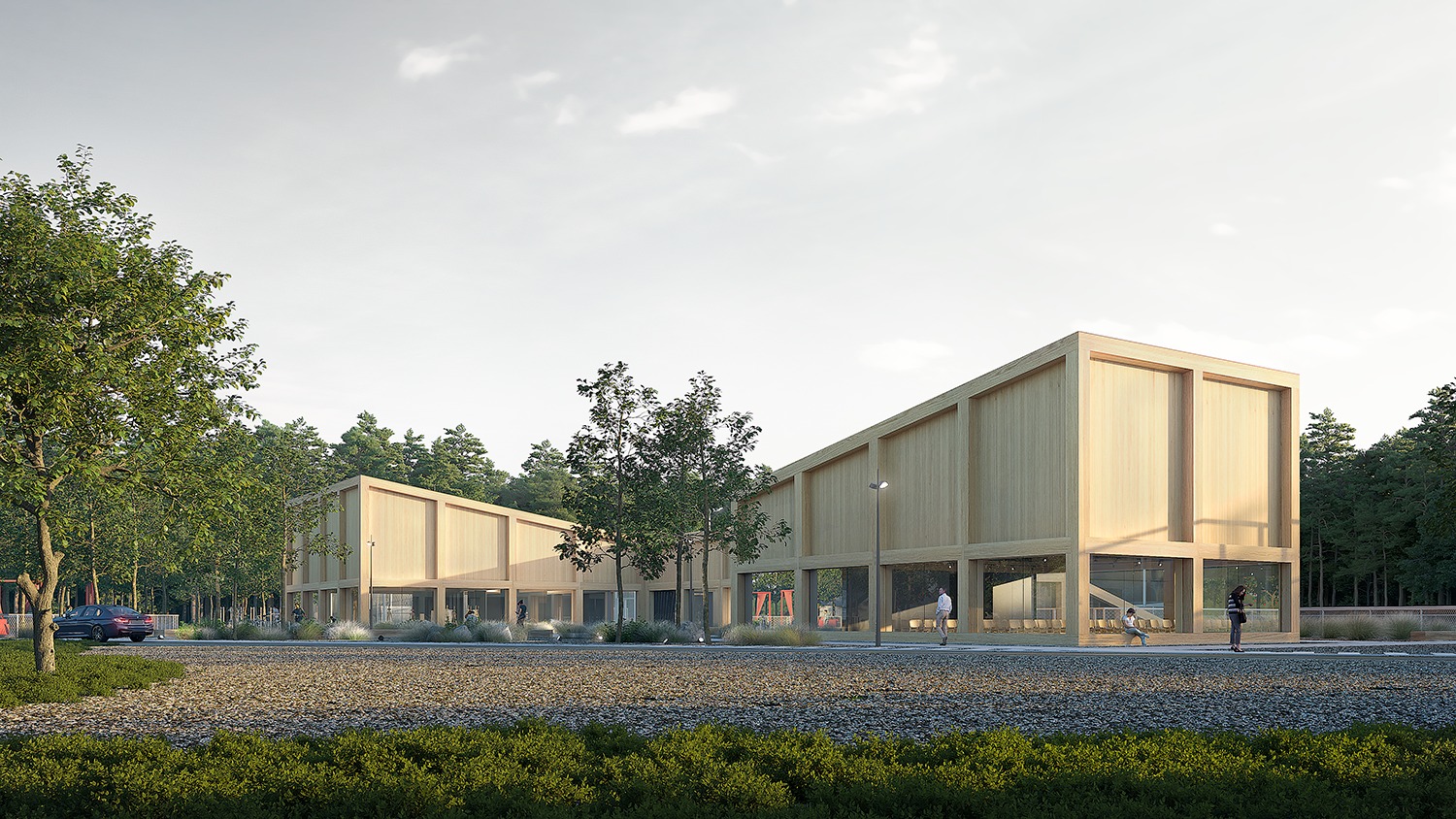 Wizualizacja budynku usługowego z jasnego drewna z dużymi oknami, otoczonego zielenią i drzewami, z widocznym fragmentem parkingu i przechodzącymi osobami.