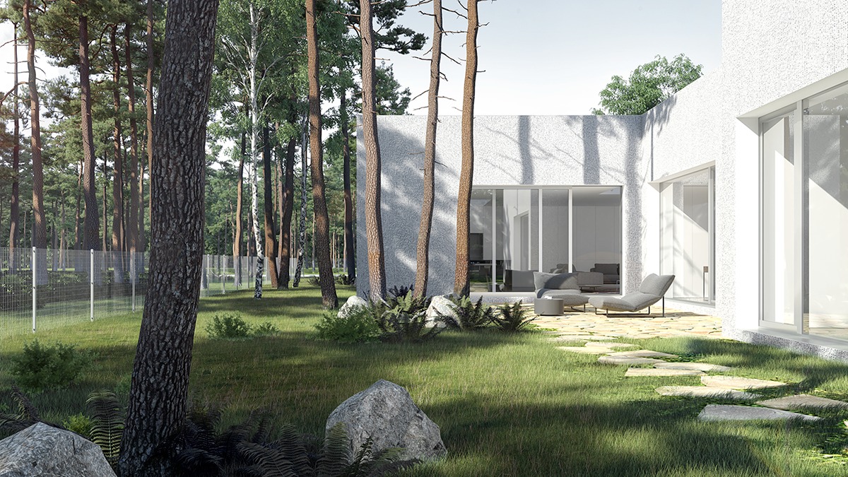 Nowoczesny biały dom z dużymi oknami, otoczony lasem i trawnikiem z kamienną ścieżką, widok z zewnątrz.