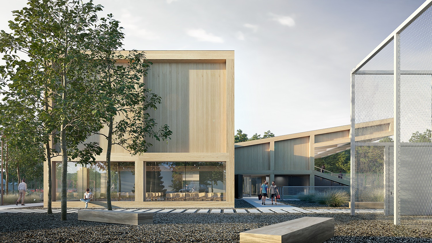 Wizualizacja budynku usługowego z drewnianą elewacją, dużymi przeszkleniami i minimalistycznym otoczeniem z drzewami i ławkami.