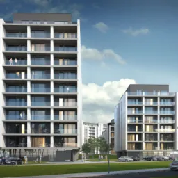 Wizualizacja dwóch nowoczesnych budynków mieszkalnych z balkonami, na których stoją ludzie, z zaparkowanymi samochodami i zielenią w otoczeniu.