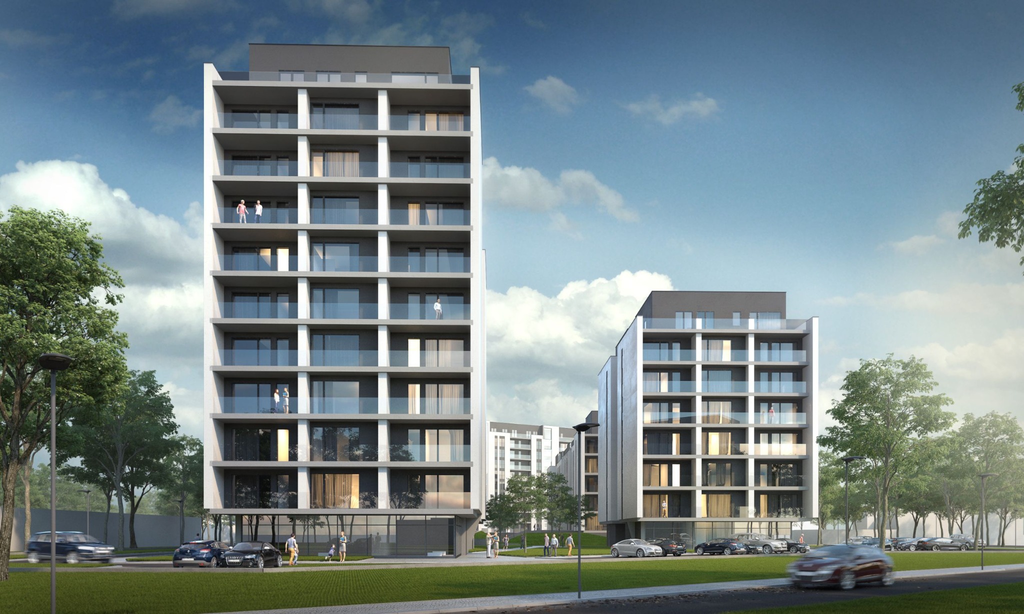 Wizualizacja dwóch nowoczesnych budynków mieszkalnych z balkonami, na których stoją ludzie, z zaparkowanymi samochodami i zielenią w otoczeniu.
