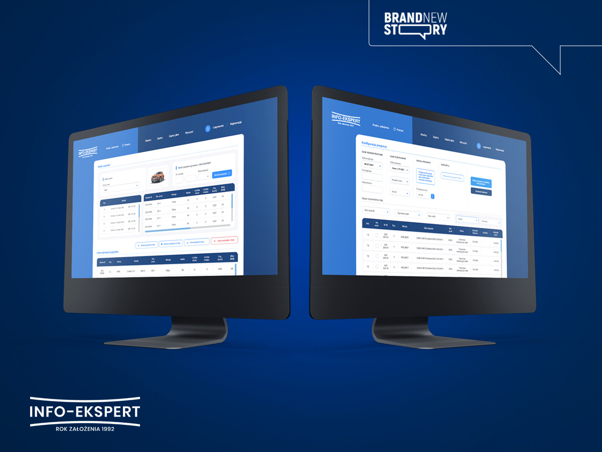 Dwa monitory prezentują interfejs programu do wyceny pojazdów Info-Ekspert, z widocznymi tabelami danych i polami konfiguracji na tle gradientu w odcieniach niebieskiego.
