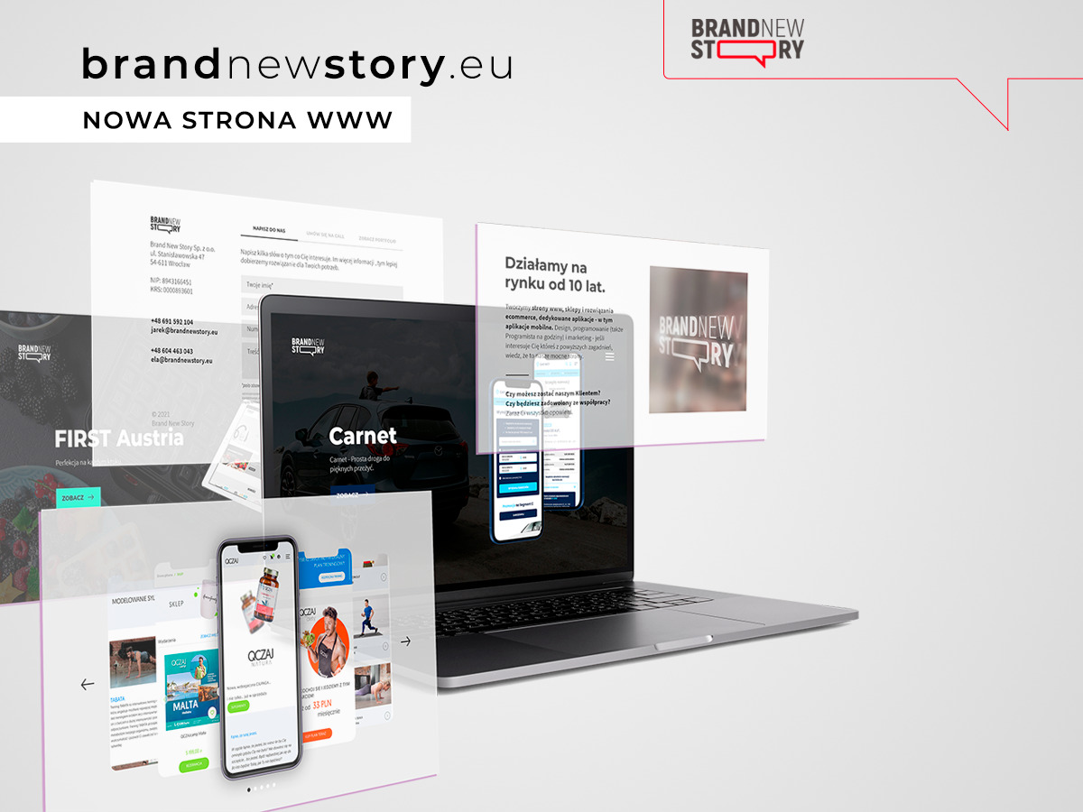 Prezentacja portfolio firmy na laptopie i smartfonie, ukazująca różnorodne projekty stron internetowych i aplikacji mobilnych, w tym z branży turystycznej i motoryzacyjnej, z widocznym logo firmy...