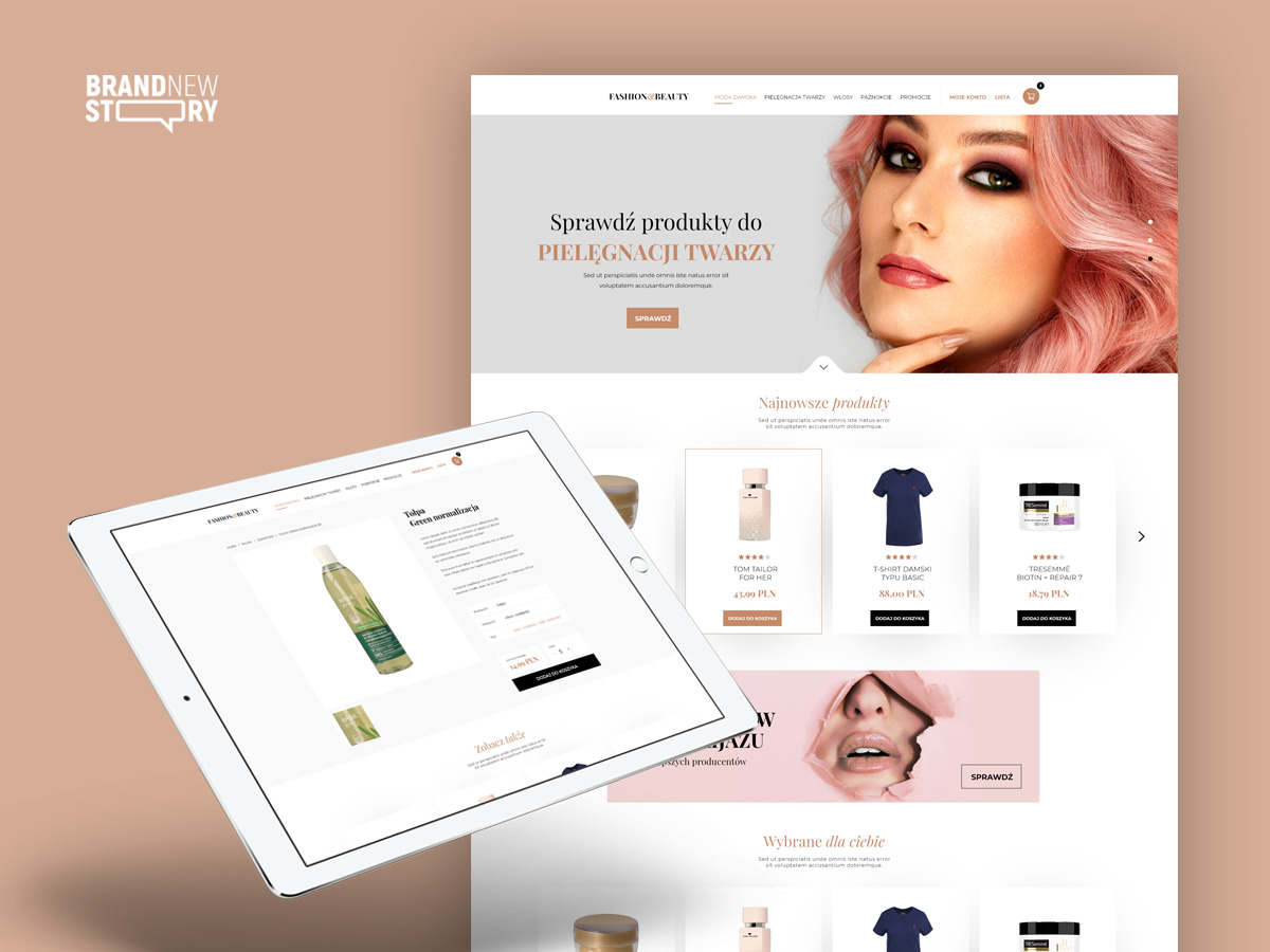 Prezentacja responsywnego projektu e-commerce dla branży fashion i beauty na ekranie tabletu i monitora, z widoczną stroną główną i stroną produktu, utrzymana w pastelowej kolorystyce.