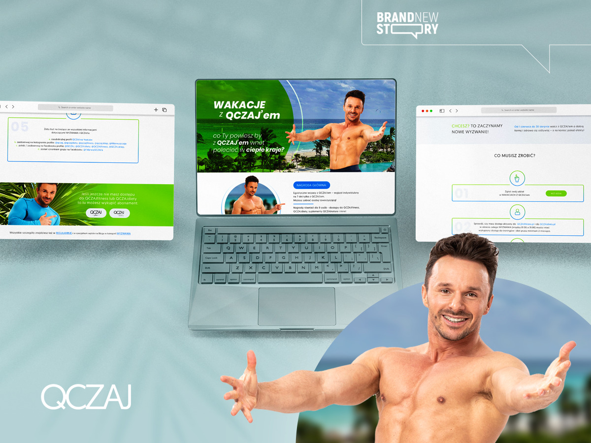 Trzy ekrany prezentujące interfejs użytkownika strony internetowej i aplikacji mobilnej z motywem wakacyjnym i wizerunkiem trenera fitness Qczaja, umieszczone na tle laptopa, z uśmiechniętym...