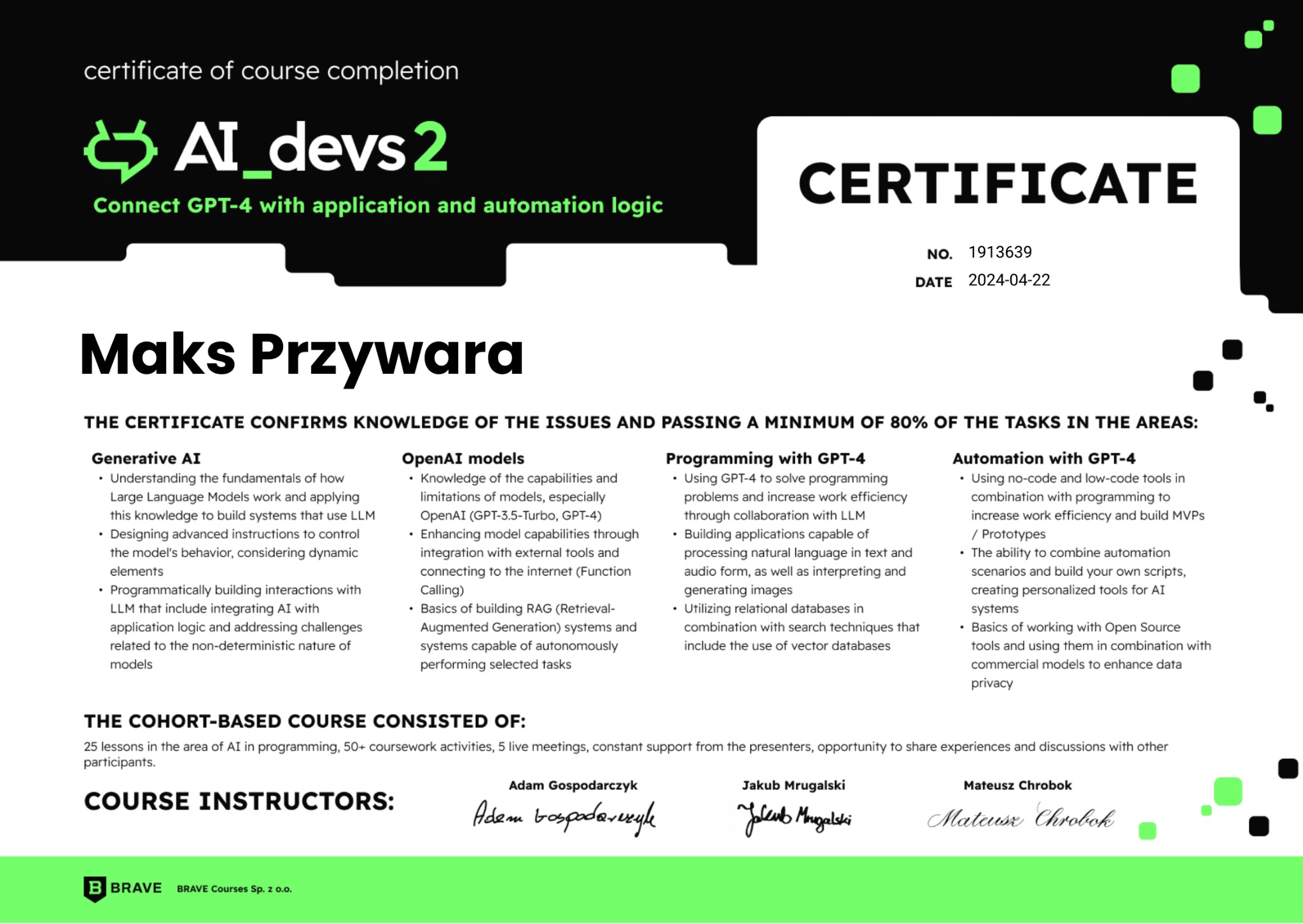 Ukończenie kursu AI_devs2. Wdrażanie automatyzacji z wykorzystaniem AI do MŚP.