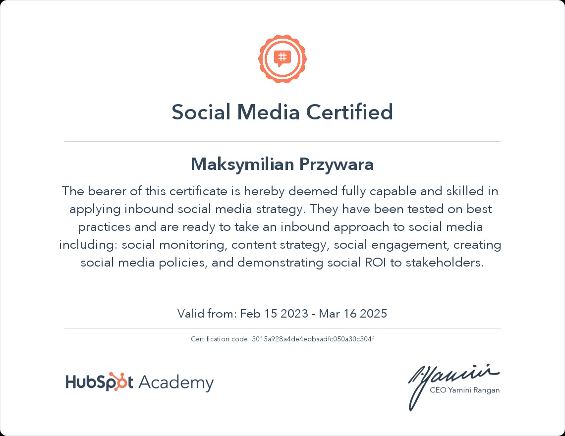 Social Media Marketing certificated by HubSpot Academy