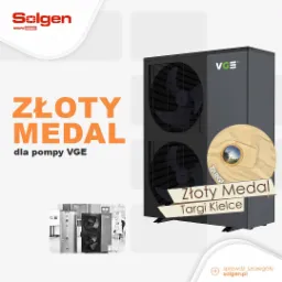 Grafika reklamowa prezentująca nagrodzoną złotym medalem pompę ciepła VGE ECO AIR firmy Solgen na Targach Kielce. Na tle widoczna czarna pompa ciepła z dwoma wentylatorami. W lewym dolnym rogu...