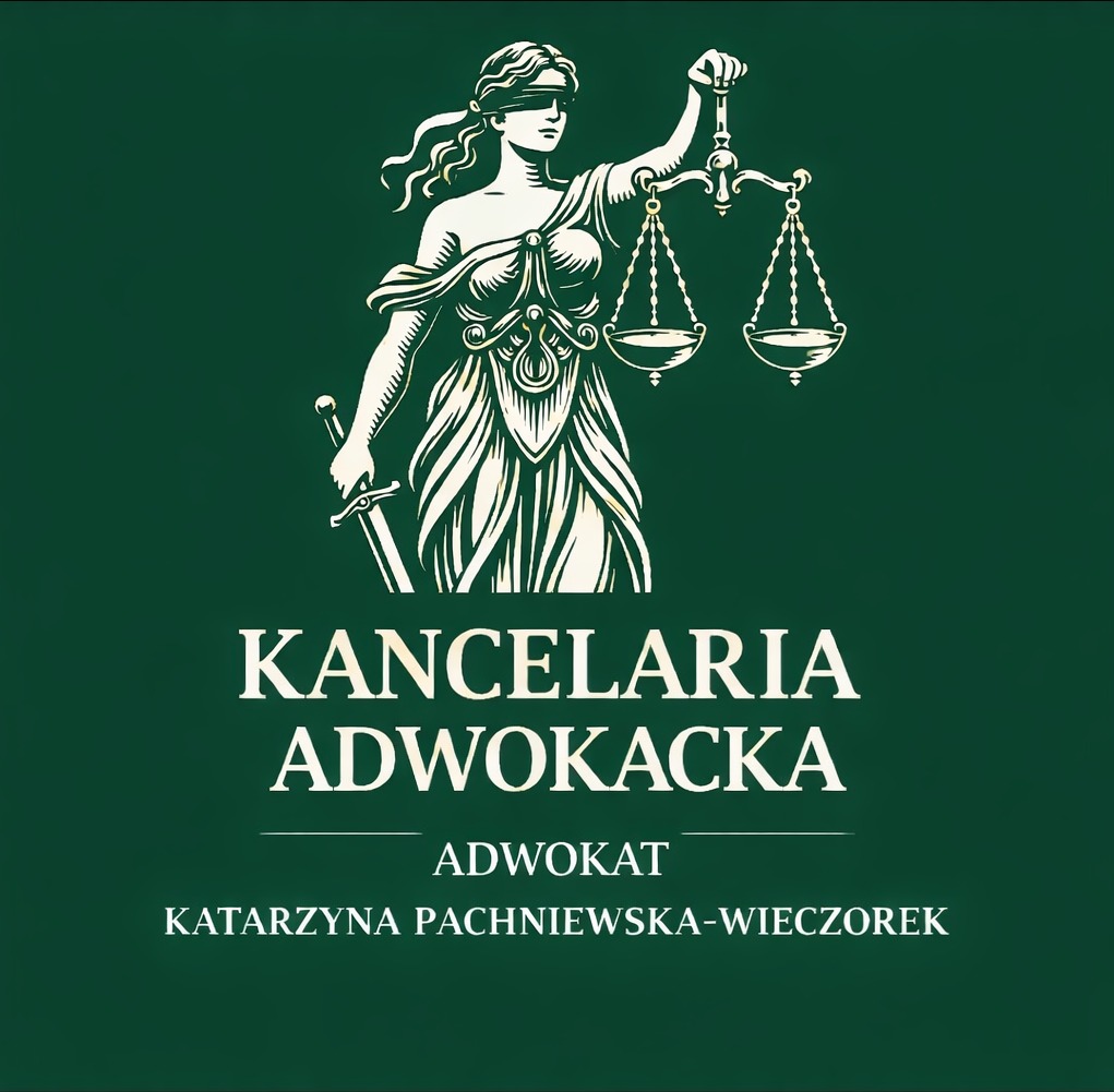 Grafika: Temida z wagą i mieczem nad napisem 'Kancelaria Adwokacka', pod spodem imię i nazwisko adwokata na ciemnozielonym tle. Minimalistyczny design.