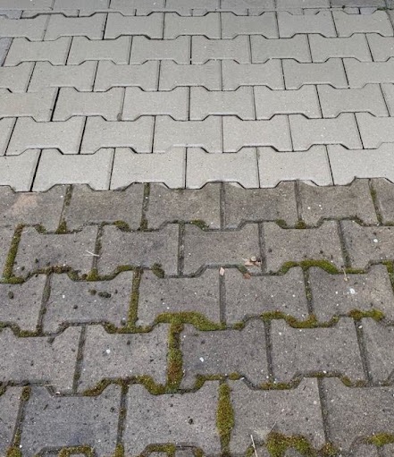 Połowa powierzchni z szarej kostki brukowej wyczyszczona, druga połowa z mchem i zabrudzeniami.