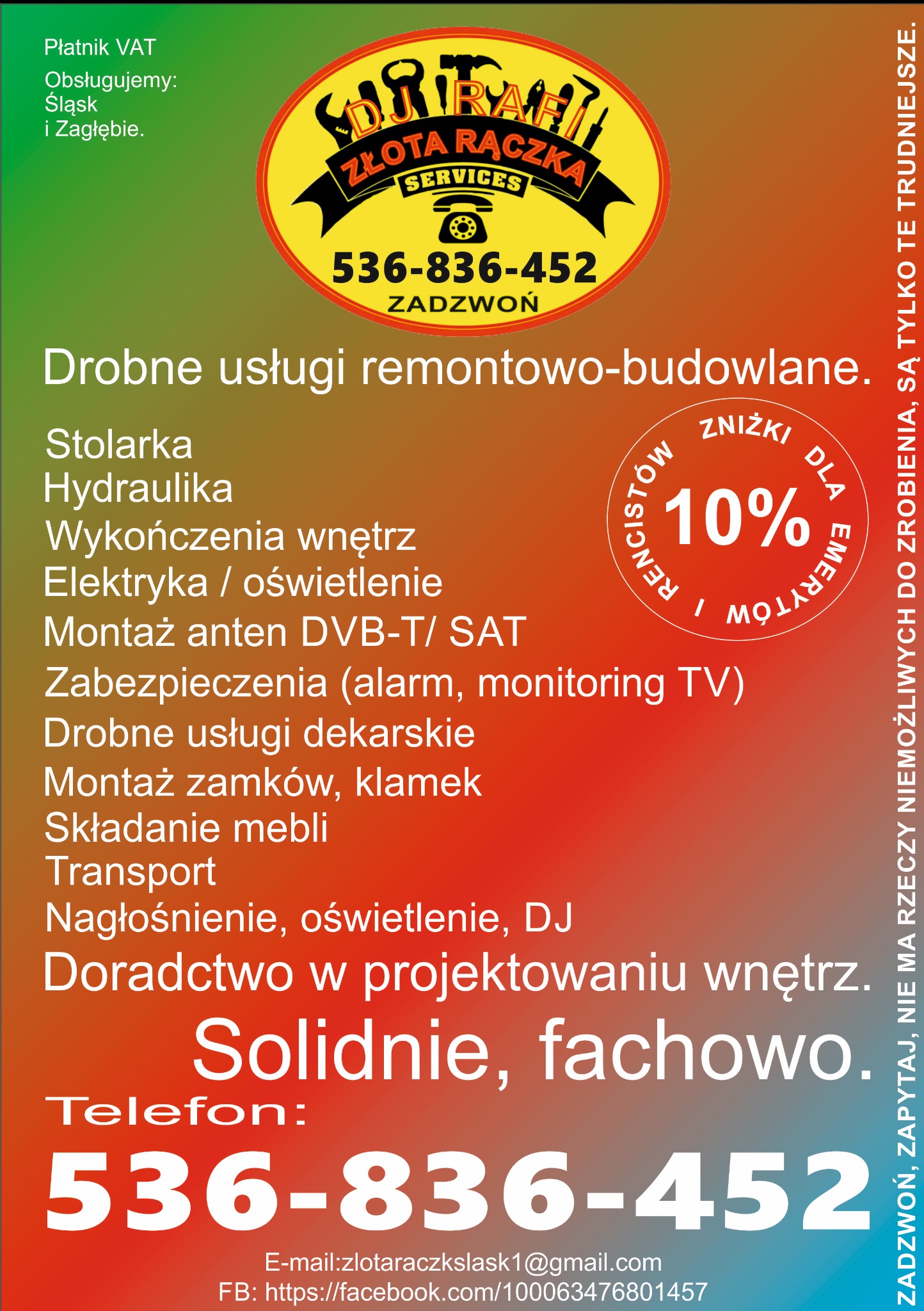 Ogłoszenie firmy oferującej drobne usługi remontowo-budowlane, stolarkę, hydraulikę, wykończenia wnętrz, elektrykę, montaż anten, zabezpieczenia, usługi dekarskie, montaż zamków, składanie mebli...