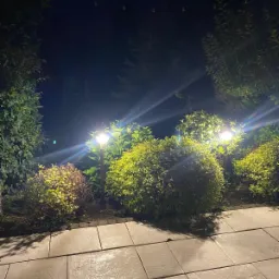 Oświetlony ogród nocą z lampami ogrodowymi na niskich słupkach, widoczne krzewy i kostka brukowa.