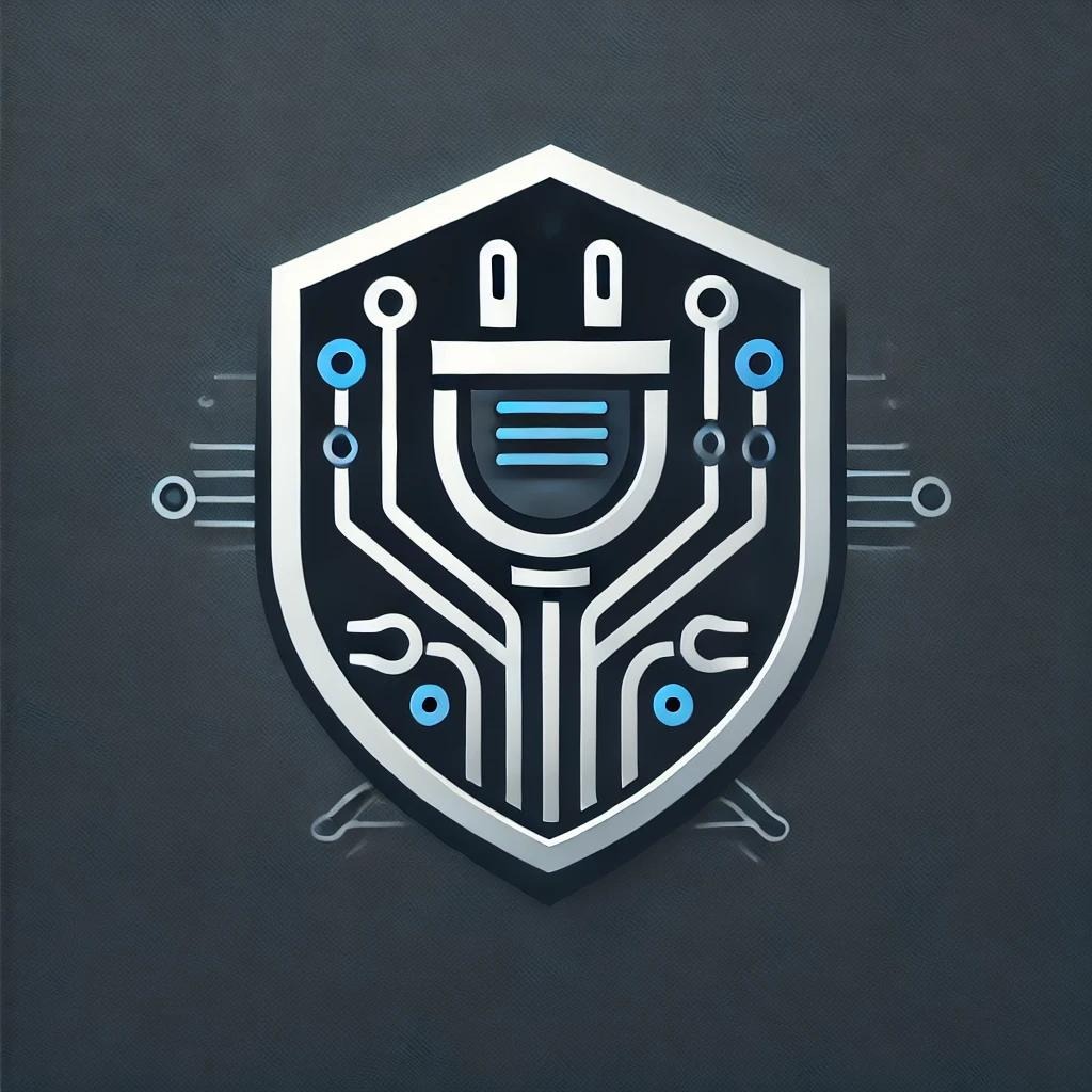 Stylizowany herb w kolorze czarno-srebrnym z elementami obwodu elektrycznego i wtyczką, akcentowany błękitnymi detalami, na ciemnoszarym teksturowanym tle.