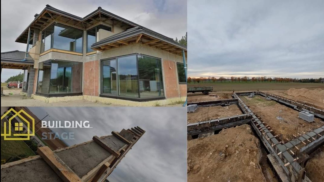 Wielopanelowe ujęcie budowy domu: stan surowy otwarty z dużymi oknami, wylane fundamenty z szalunkiem oraz detal betonowego elementu konstrukcyjnego na tle pochmurnego nieba, logo firmy w lewym...