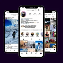 Trzy ekrany smartfonów prezentujące profil agenta nieruchomości na Instagramie, z widocznymi postami, informacjami o profilu i zdjęciami nieruchomości.