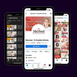 Trzy telefony z wyświetlonym profilem firmy medycyny estetycznej HBCMED na platformach społecznościowych, prezentujące treści wideo i informacje kontaktowe.