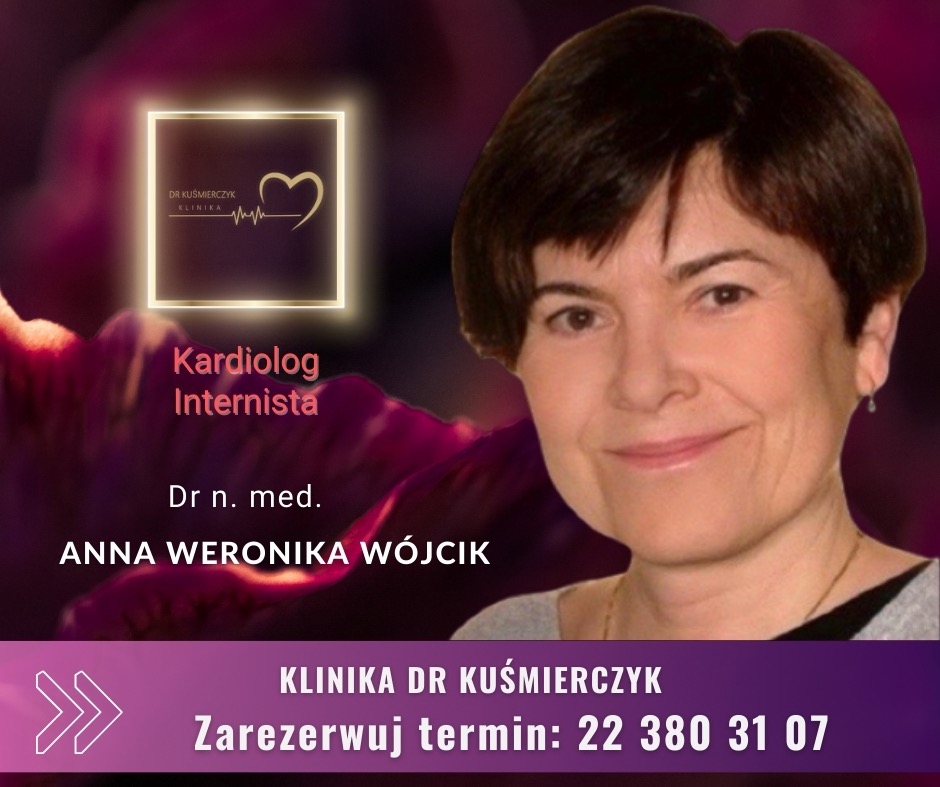 Portret dr Anny Weroniki Wójcik, kardiologa i internisty z Kliniki Dr Kuśmierczyk, obok logo kliniki i informacji kontaktowych.