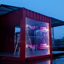 Czerwony kontener morski po konwersji na obiekt z neonowym napisem 'RED Kart Center' na szklanej ścianie, widoczna drabina i otoczenie toru kartingowego w pochmurny dzień.