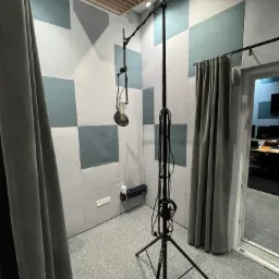 Wnętrze wyciszonego pomieszczenia z mikrofonem studyjnym na statywie, akustycznymi panelami ściennymi w odcieniach szarości i błękitu oraz drewnianym panelem sufitowym.