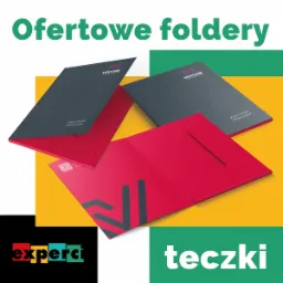 Trzy teczki ofertowe w kolorach czerwonym i grafitowym z logo Vestone na żółto-zielonym tle, ułożone pod różnymi kątami, prezentujące projekt graficzny.
