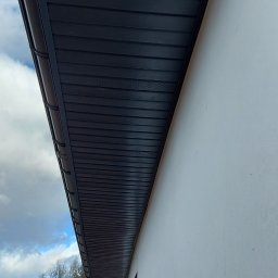 DANI-ELEWACJE - Fragment elewacji domu z widocznym okapem dachowym z ciemnej podbitki oraz jasną, otynkowaną ścianą, z oknem w trakcie montażu, na tle pochmurnego nieba i drzew.