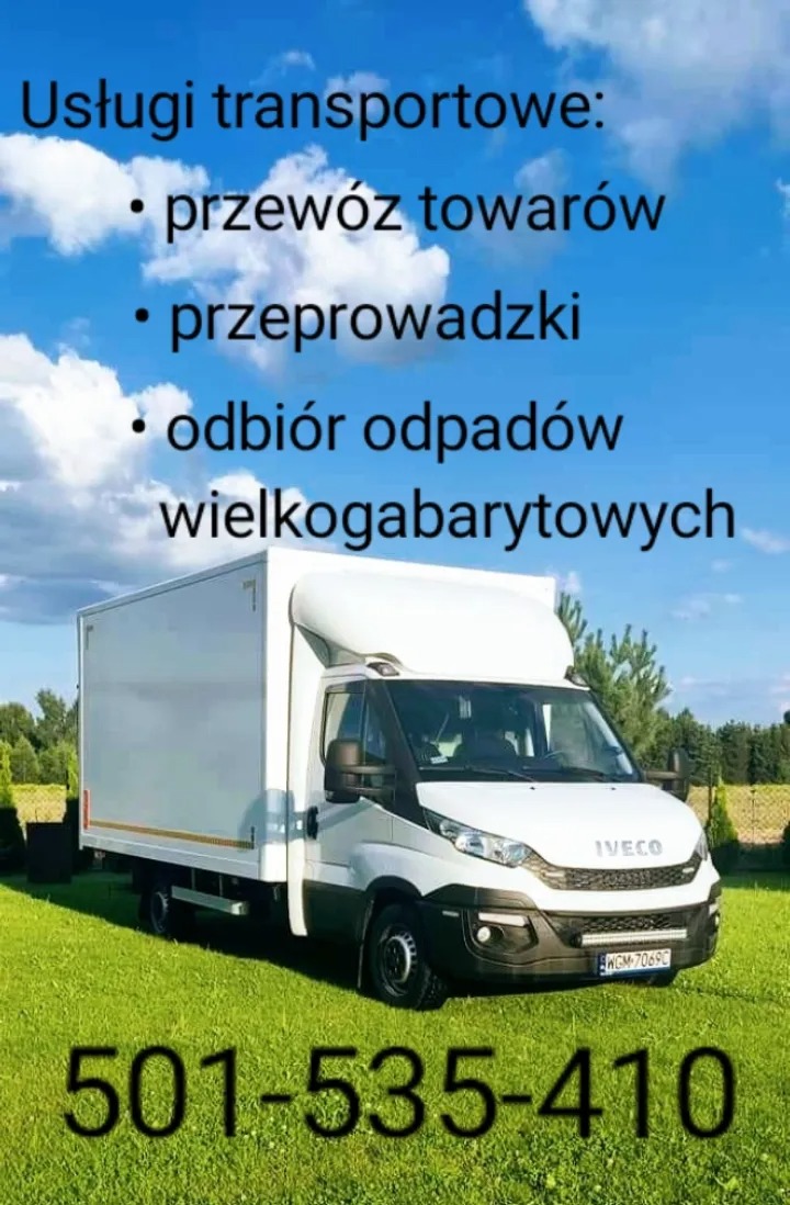 Biały samochód dostawczy Iveco z zabudową kontenerową na tle zielonego trawnika i błękitnego nieba z chmurami. Na zdjęciu widoczny numer telefonu kontaktowego.