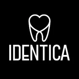 Logo 'IDENTICA' z symbolem zęba w kształcie serca, białe na czarnym tle.