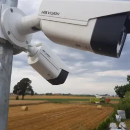 Dwie kamery monitoringu Hikvision zamontowane na metalowym słupie z widokiem na pole po żniwach z belami słomy i traktorem w oddali, pochmurne niebo.