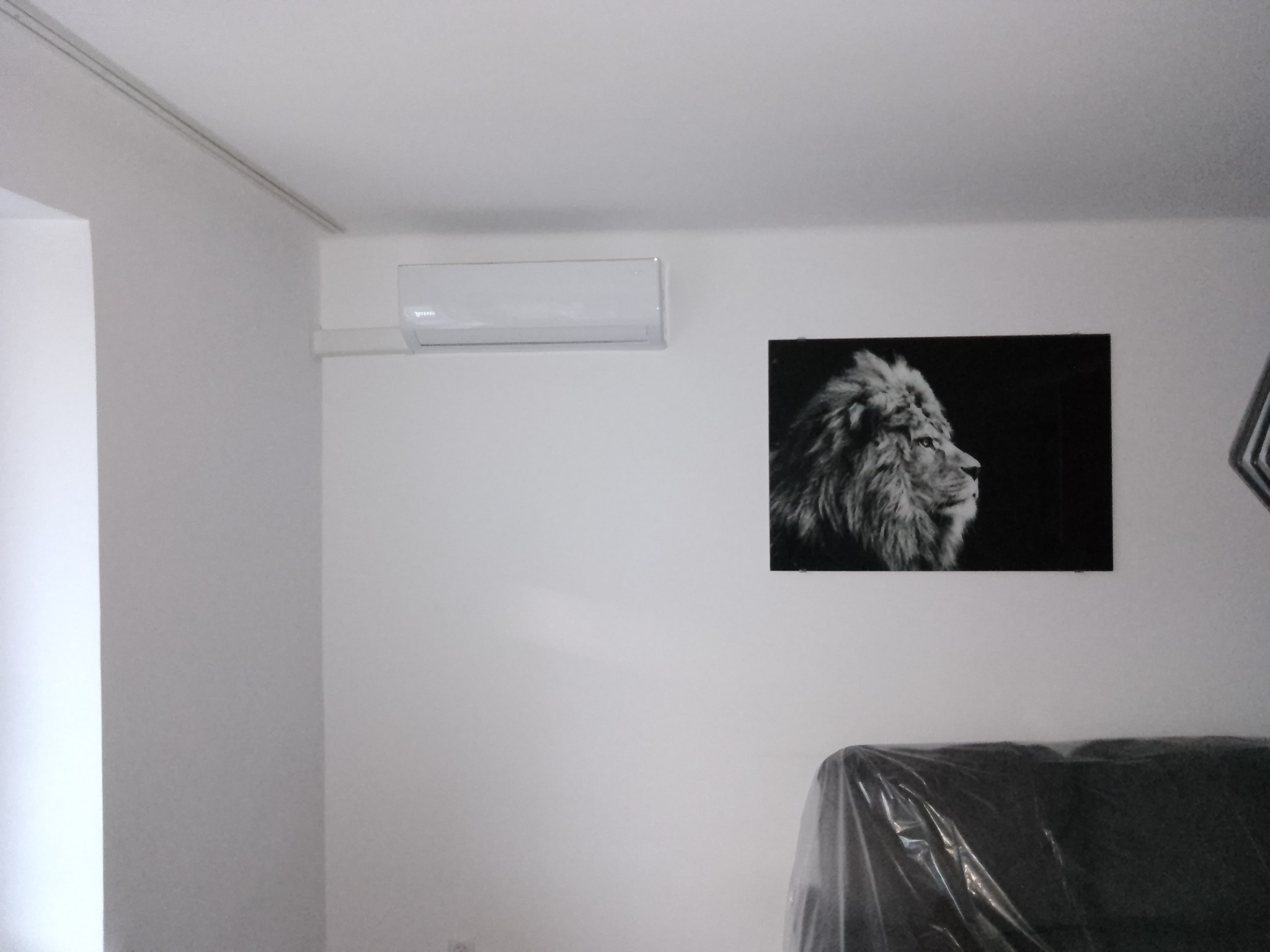 Biała jednostka wewnętrzna klimatyzacji zamontowana na ścianie w jasnym pomieszczeniu, obok czarno-biały obraz lwa.