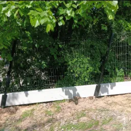 Nowoczesne ogrodzenie panelowe z podmurówką betonową, widoczne na tle zieleni. Słupki w kolorze grafitowym. Widok z poziomu gruntu, oświetlenie dzienne.