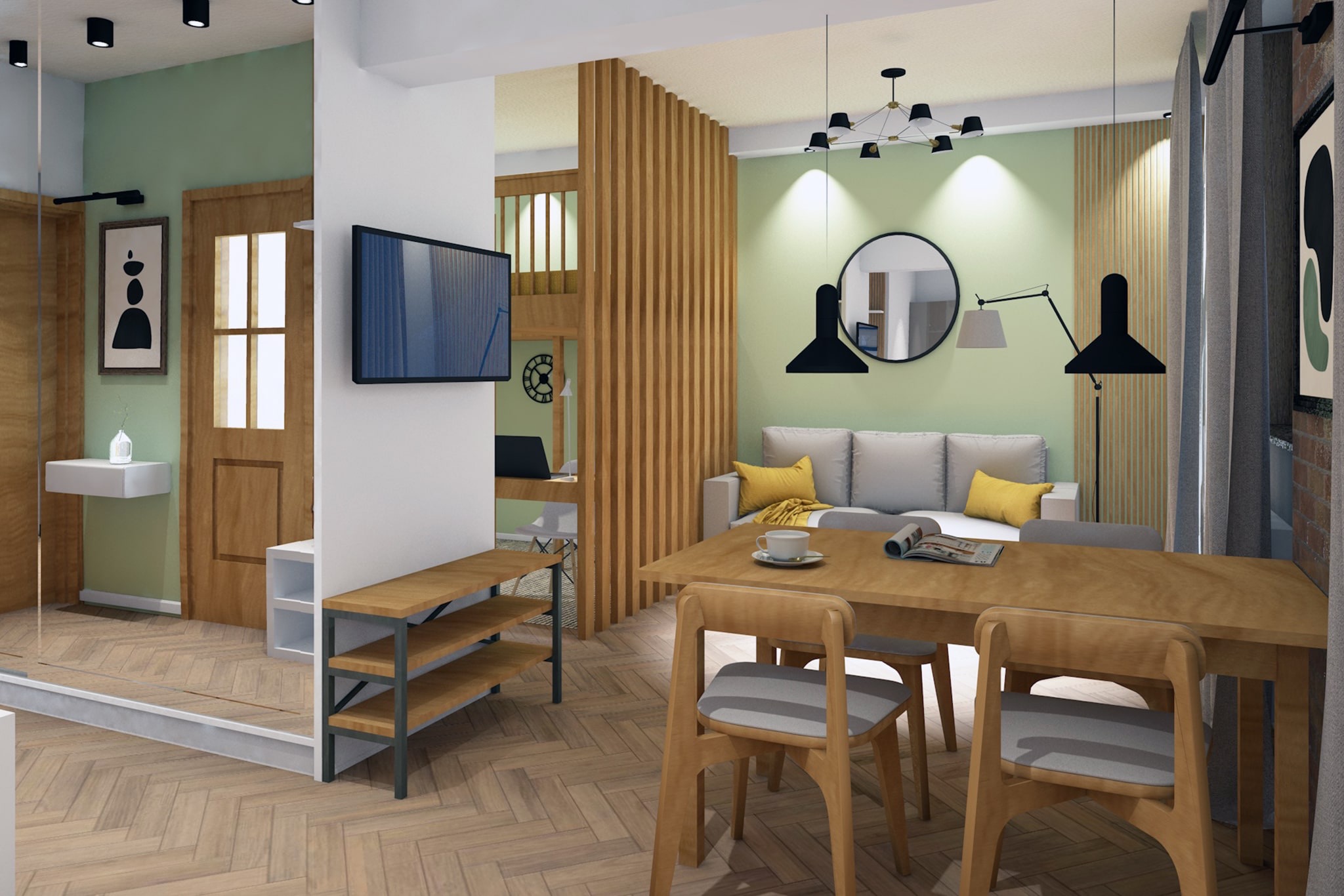 Wizualizacja wnętrza mieszkania z drewnianym stołem jadalnym, krzesłami z szarymi siedziskami, sofą z żółtymi poduszkami i dekoracyjną ścianką działową z pionowych desek.