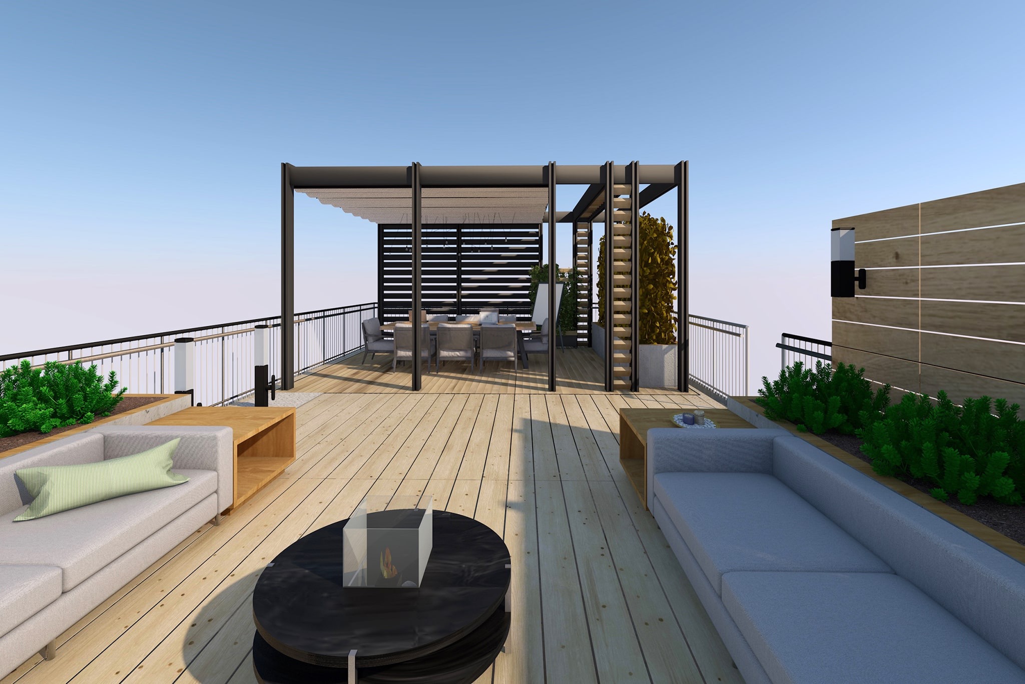 Wizualizacja tarasu na dachu z drewnianą podłogą, sofami z poduszkami, stolikiem kawowym z biokominkiem, pergolą nad stołem jadalnym i roślinami w donicach.