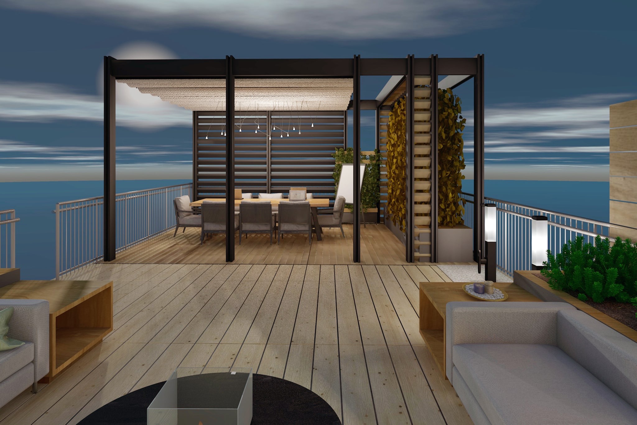 Wizualizacja tarasu na dachu z drewnianą podłogą, pergolą z zasłoną, stołem jadalnym z krzesłami, roślinami w donicach i widokiem na morze w tle.