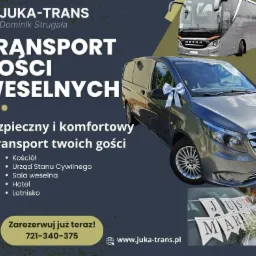 Grafika reklamowa firmy transportowej JUKA-TRANS oferującej transport gości weselnych, prezentująca szarego busa z kokardą i autobus marki Setra, z hasłem 'Bezpieczny i komfortowy transport twoich...