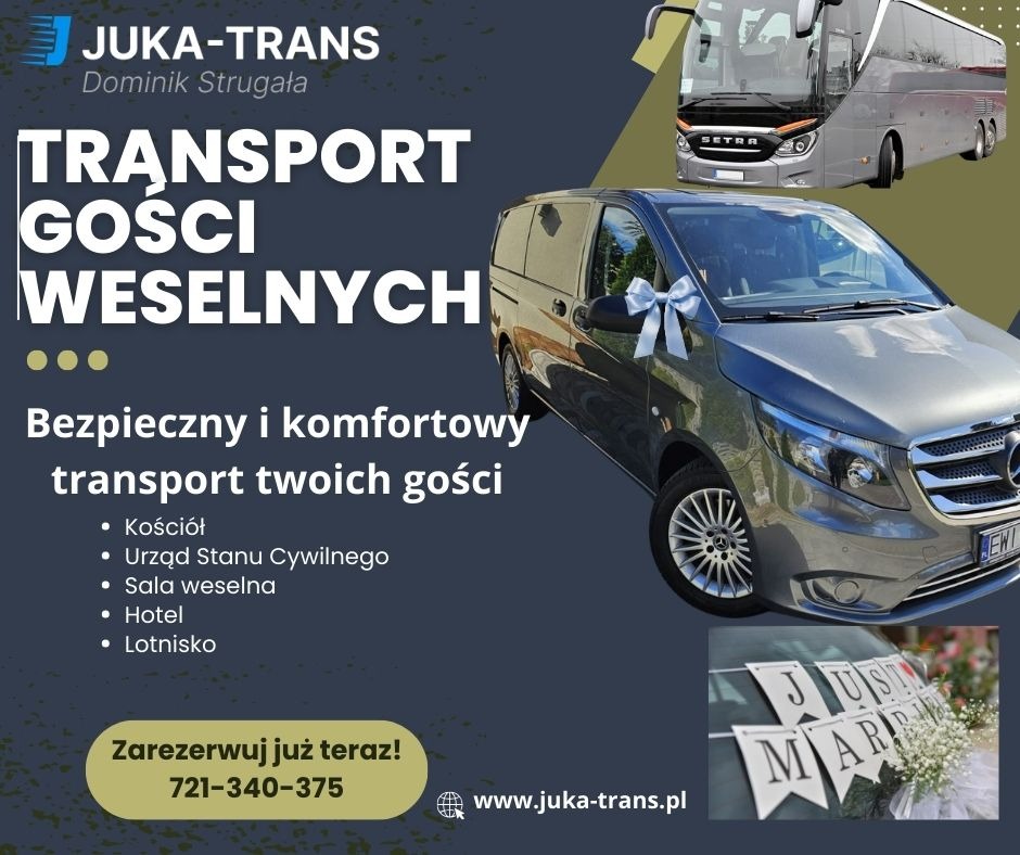 Grafika reklamowa firmy transportowej JUKA-TRANS oferującej transport gości weselnych, prezentująca szarego busa z kokardą i autobus marki Setra, z hasłem 'Bezpieczny i komfortowy transport twoich...