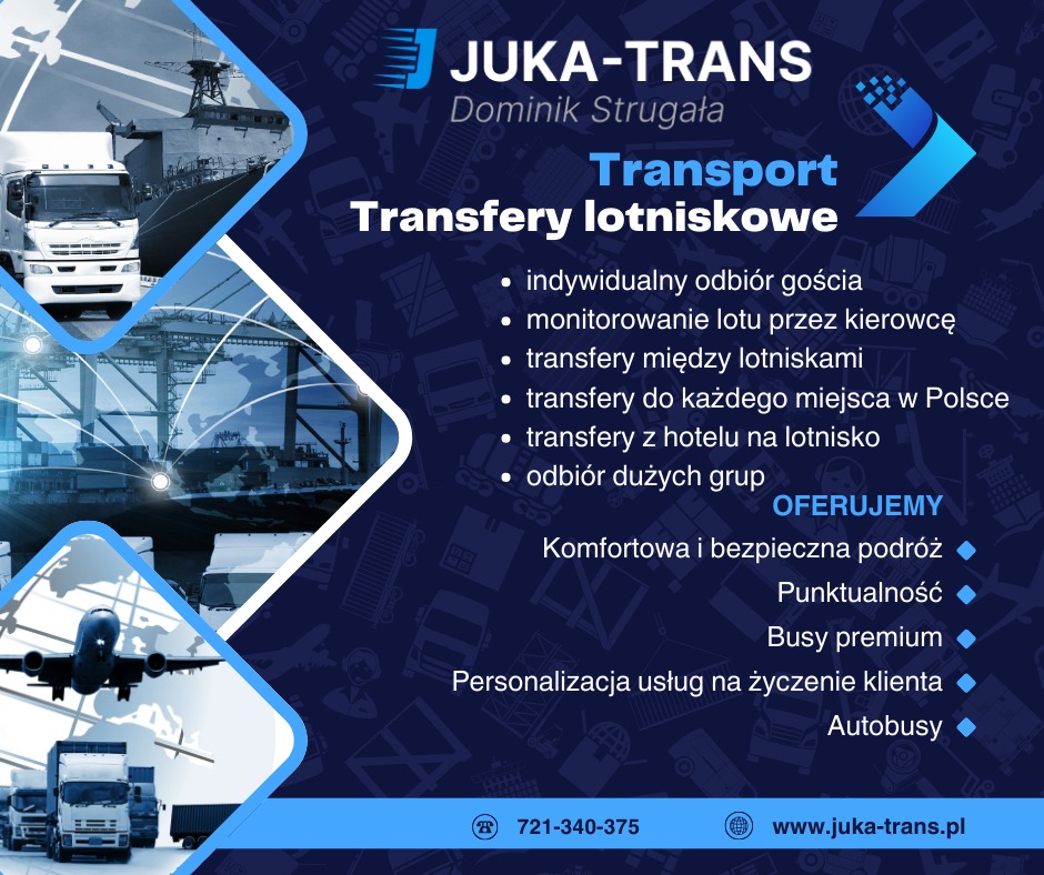 Grafika reklamowa firmy JUKA-TRANS oferującej transfery lotniskowe, z ilustracjami ciężarówek, samolotu i statku, podkreślająca indywidualny odbiór gościa, monitoring lotu, transfery do różnych...