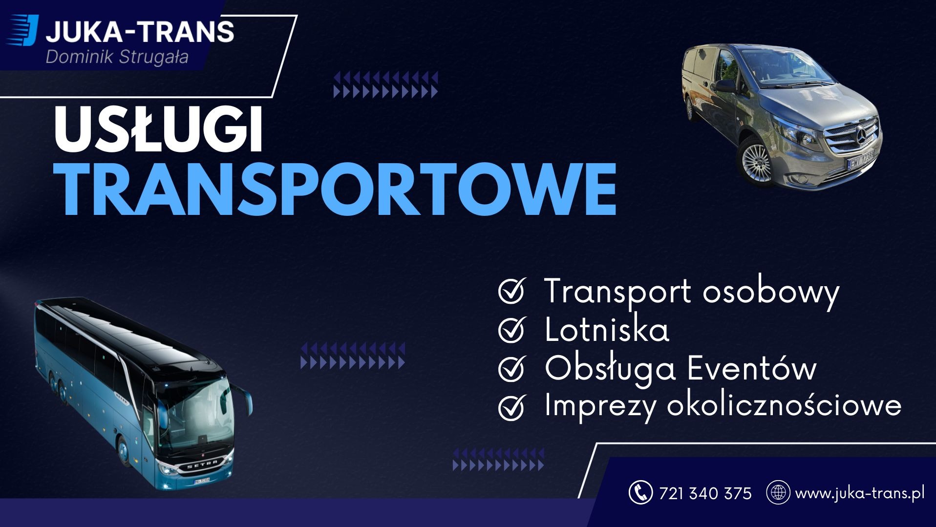 Grafika reklamowa firmy Juka-Trans z autobusem turystycznym i busem, oferującej transport osobowy, lotniskowy, obsługę eventów i imprez okolicznościowych.