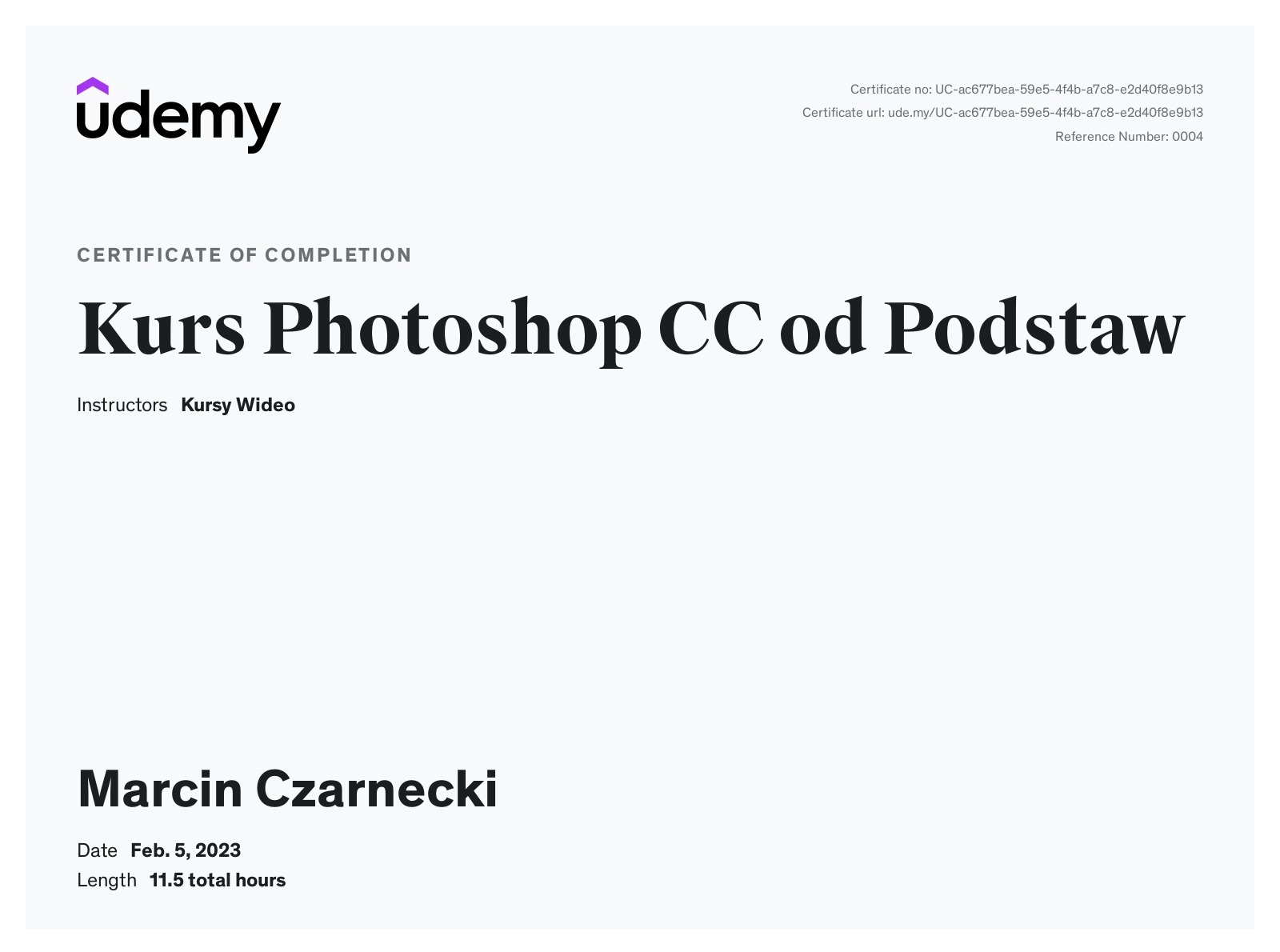 Certyfikat ukończenia kursu Photoshop CC